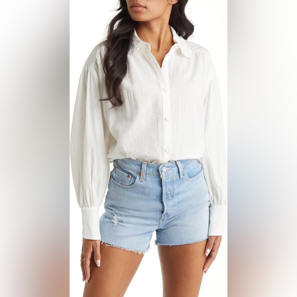 Vici Tops - VICI Puff Sleeve Button-Up Cotton Top in White